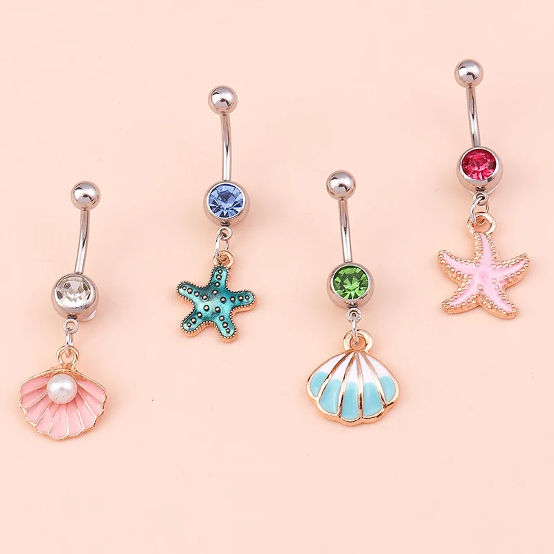 4Pcs/Set Cute Starfish Shell Belly Button Rings Sexy Navel Rings Belly Piercing Body Jewelry Women Girls Festival Jewelry Gift