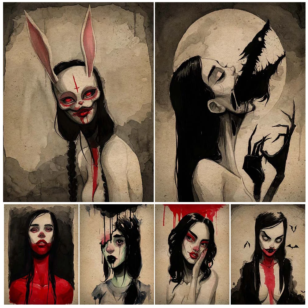 

Beautiful Devil Girl Portrait Vintage Wall Art Canvas Painting Horned Vampire Girl Abstract Art Poster Print Home Decor Unframed