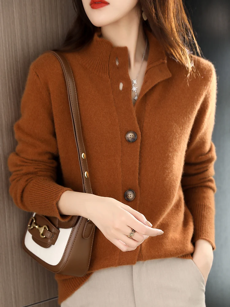 Autumn Winter Mock-neck Thickened Cardigan For Women 100% Merino Wool High Quality Casual Solid Cashmere Sweater Female Clothing