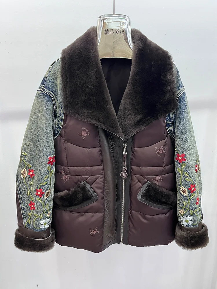 

Новая зимняя женская джинсовая куртка из натурального мериносового овечьего меха, верхняя одежда, роскошные женские пальто с манжетами из натурального норкового меха, куртка на гусином пуху
