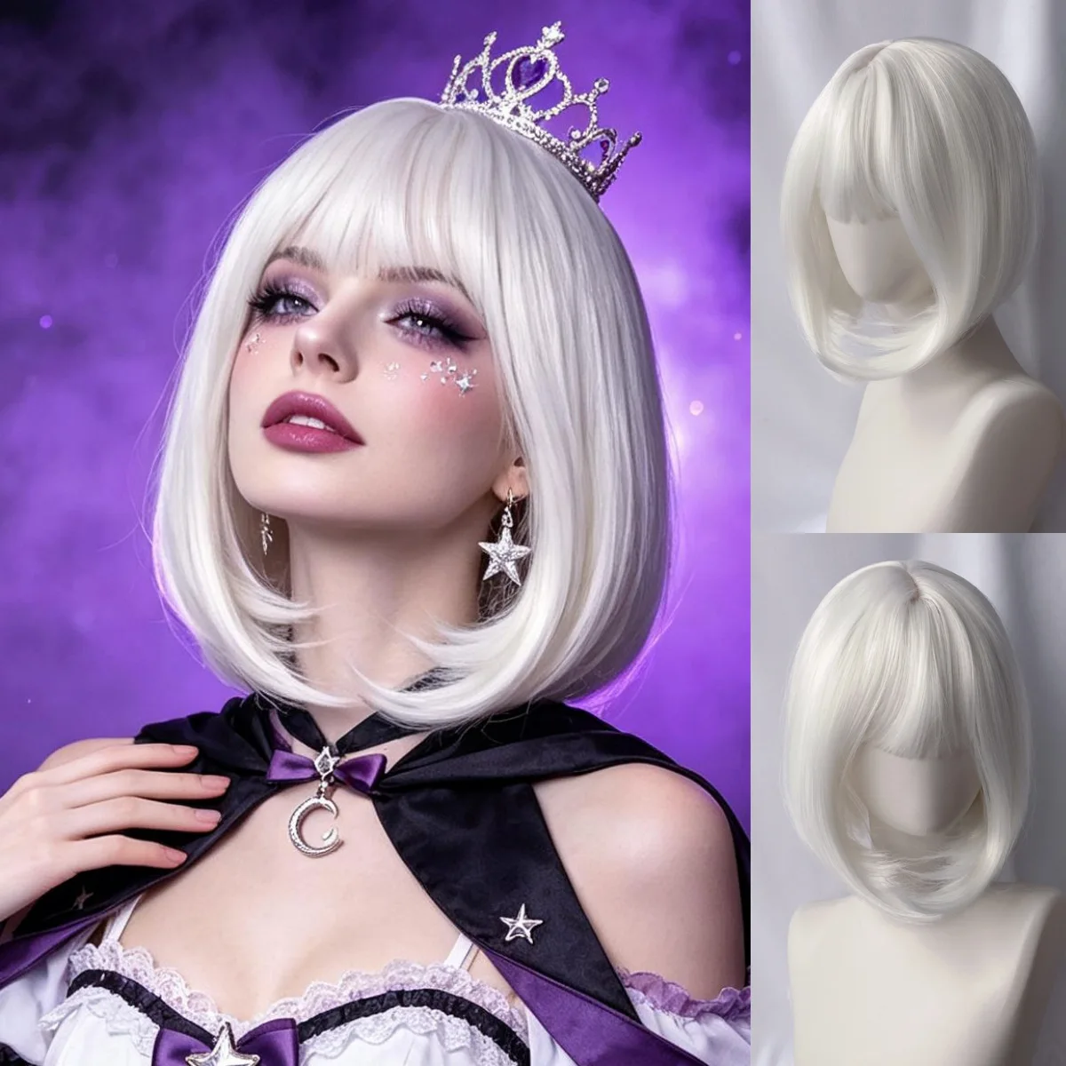 White short bob synthetic wig - Halloween party cosplay role-playing wig - Daily high-temperature synthetic hair cap