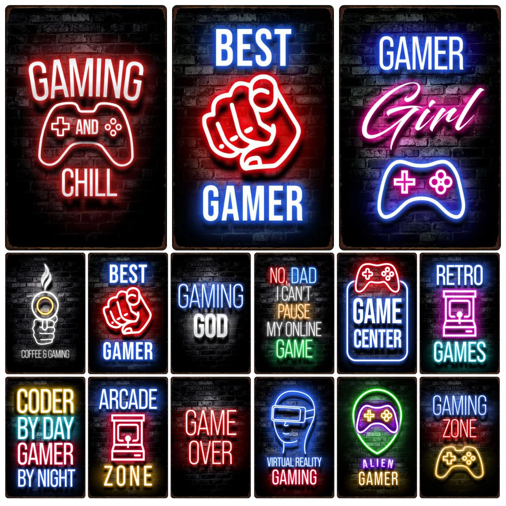 Vintage Gaming Zone Metal Plate, Neon Light Style Plaque, Gamer Quotes, Metal Sign, Painting Stickers, Playroom Poster, WY198