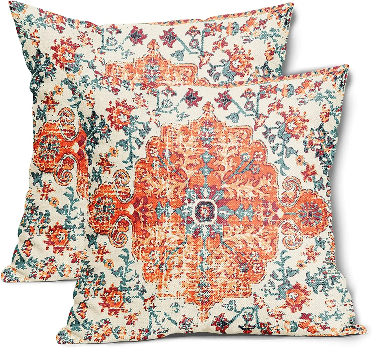 Orange Blue Ethnic Boho Pillow Covers  Inch Bohemian Carpet Vintage Couch Pillow Cases Rust Coral Floral Throw