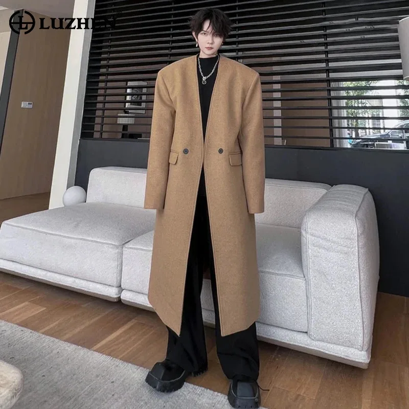 

LUZHEN 2024 Stylish Long Woolen Trench Coat Men Elegant Plain Fake Two Piece Thermal Windbreaker Trendy Clothes Winter LZ6838