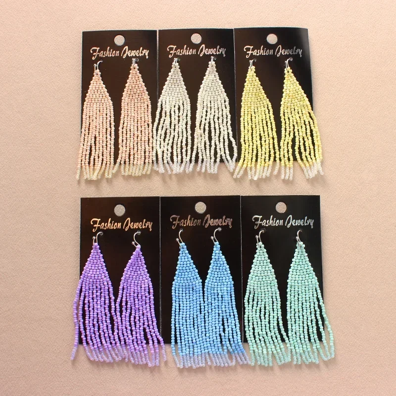 ZGMXR Rice Bead Earrings  Hand knitting  Beading  Bohemia  fresh  Minority  Simple  geometry  alloy  ma'am  Fringe Earrings