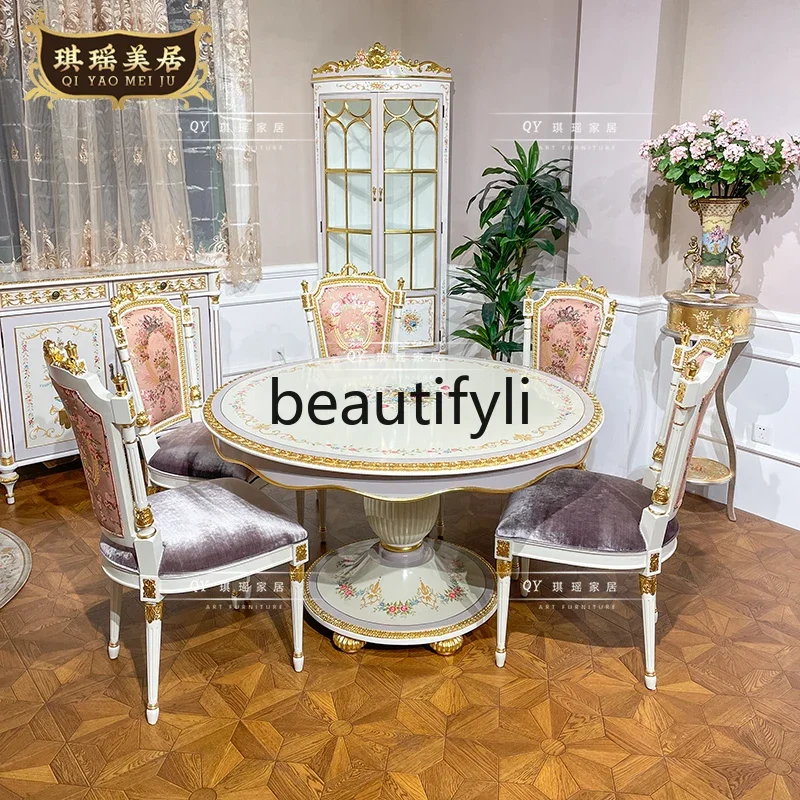 

A38 French princess style hand-painted round dining table and chair combination French Monet purple round table 1.3 meters