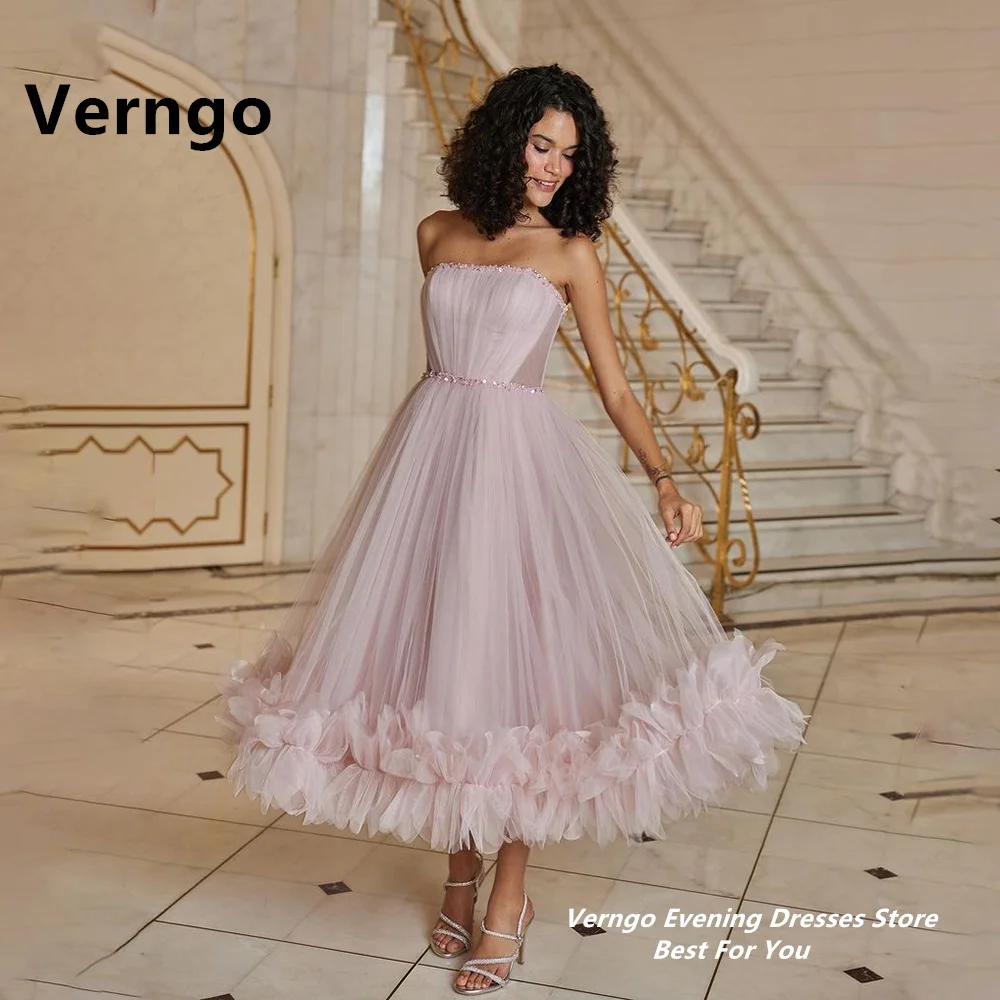 

Verngo Strapless A Line Tulle Ankle Length Sleevless Prom Gown Sequined Wedding Party Dresses Bone Belt Graduation Dress