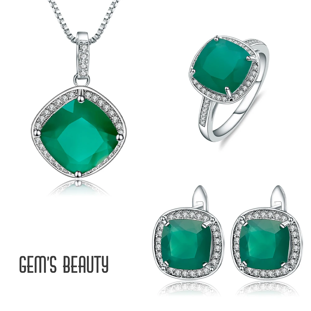 

GEM'S BEAUTY 925 пробы серебряный оригинальный сертифицированный зеленый агат набор женских ювелирных изделий роскошный элегантный женский набор