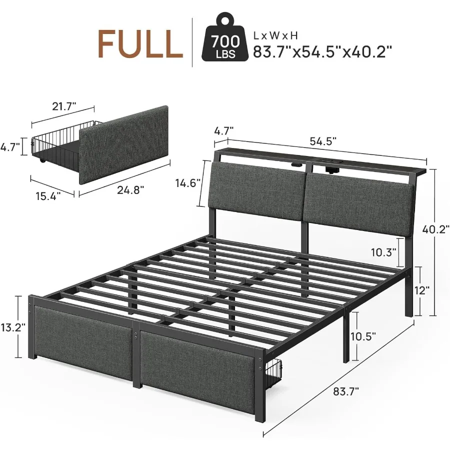 إطار سرير كامل الحجم مع محطة شحن مريحة للتخزين على اللوح الأمامي وسرير بمنصة منجدة مع درج إضاءة LED شديد التحمل