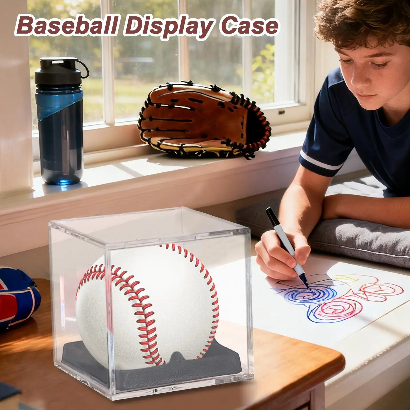 حافظة بيسبول مع قاعدة مخملية من الأكريليك المقاوم للغبار، حافظة عرض صندوق بيسبول للرياضة المنزلية، استوديوهات الفريق الموقعة #3