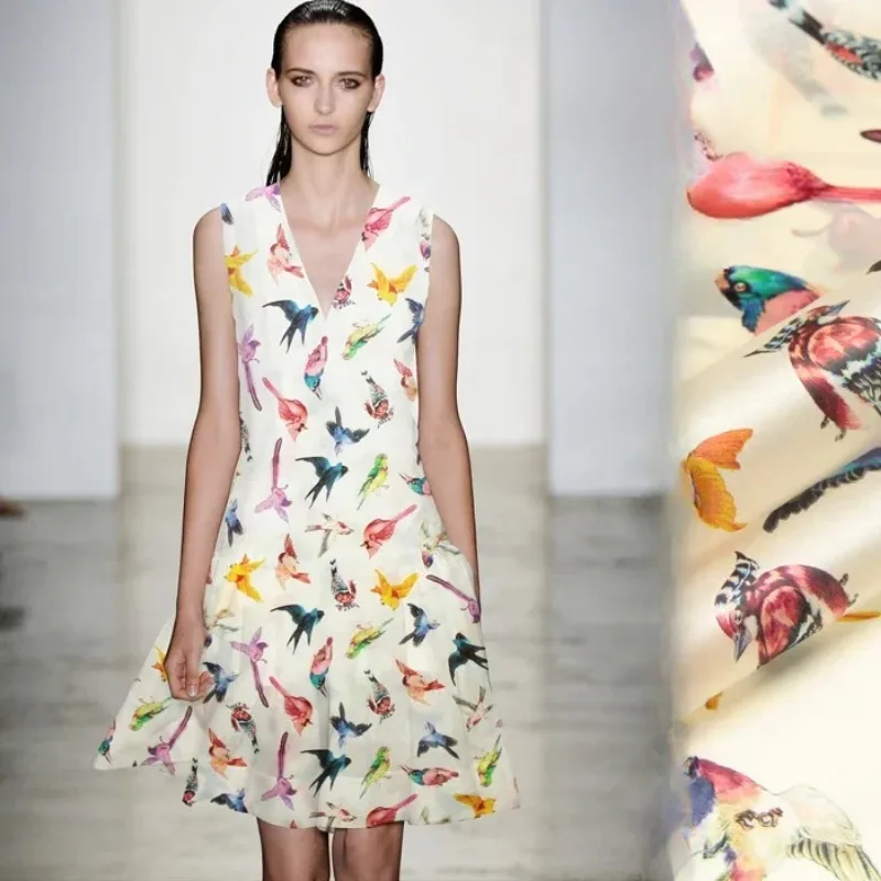 

135cm Wide 14mm Birds Funny Silk Organza Fabric For Dress Skirt Summer Diy Sewing Material Stiff Silk Fabric By 2meter R2629