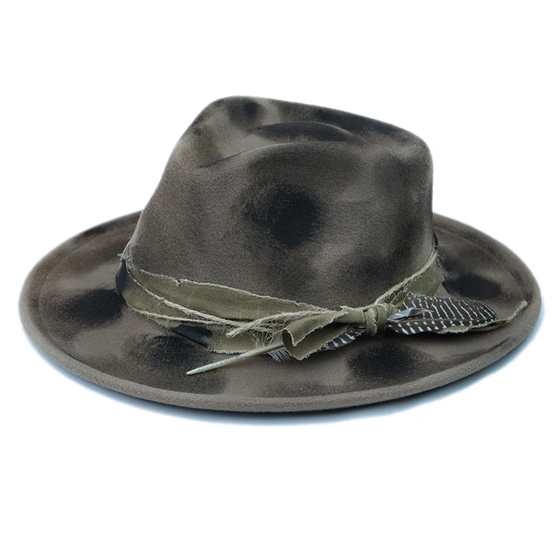 Original Painted Fire Retro Feather Decor Spring  Autumn Winter Warm Women Men Felt Wide Brim Jazz Cap Bowler Hat 55-60cm Adjust