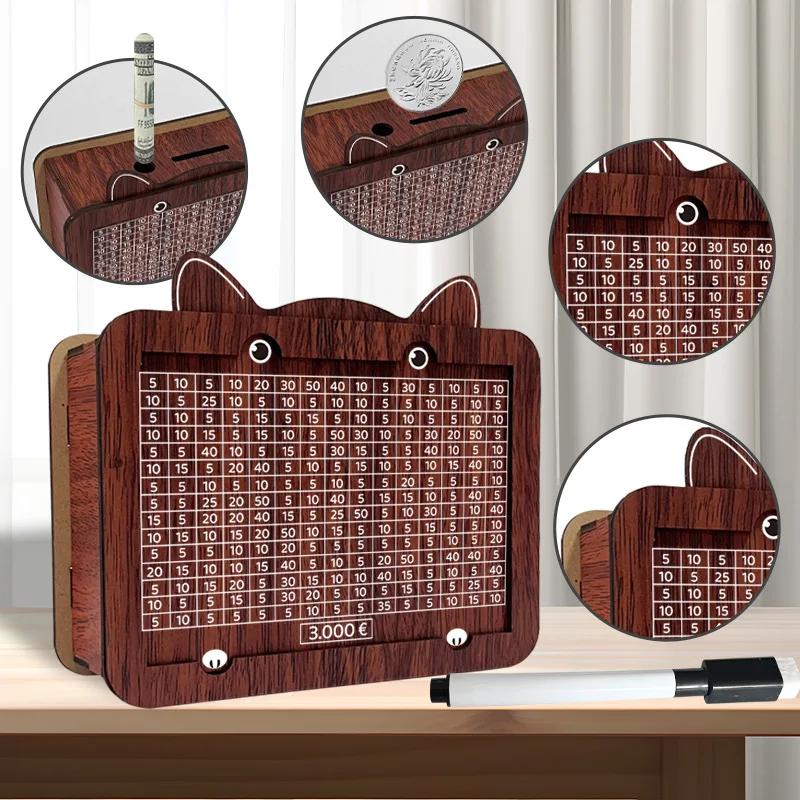 1 قطعة بنك النقود صندوق التوفير الخشبي صندوق توفير النقود الخشبي مع هدف العملة والأرقام صندوق النقود الخشبي للعملات المعدنية الساخن #2