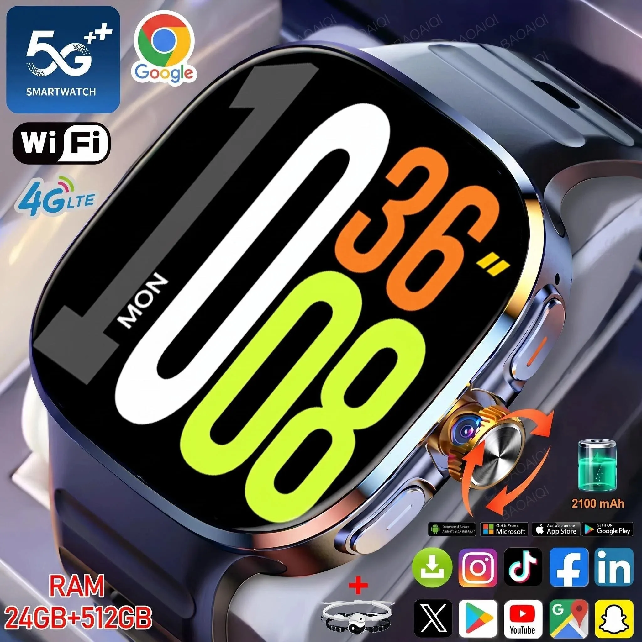 Montre connectée Android M99, écran AMOLED 2,4 pouces, 5G LTE, avec caméra rotative 900W, GPS, WIFI, emplacement pour carte SIM, NFC, App Store