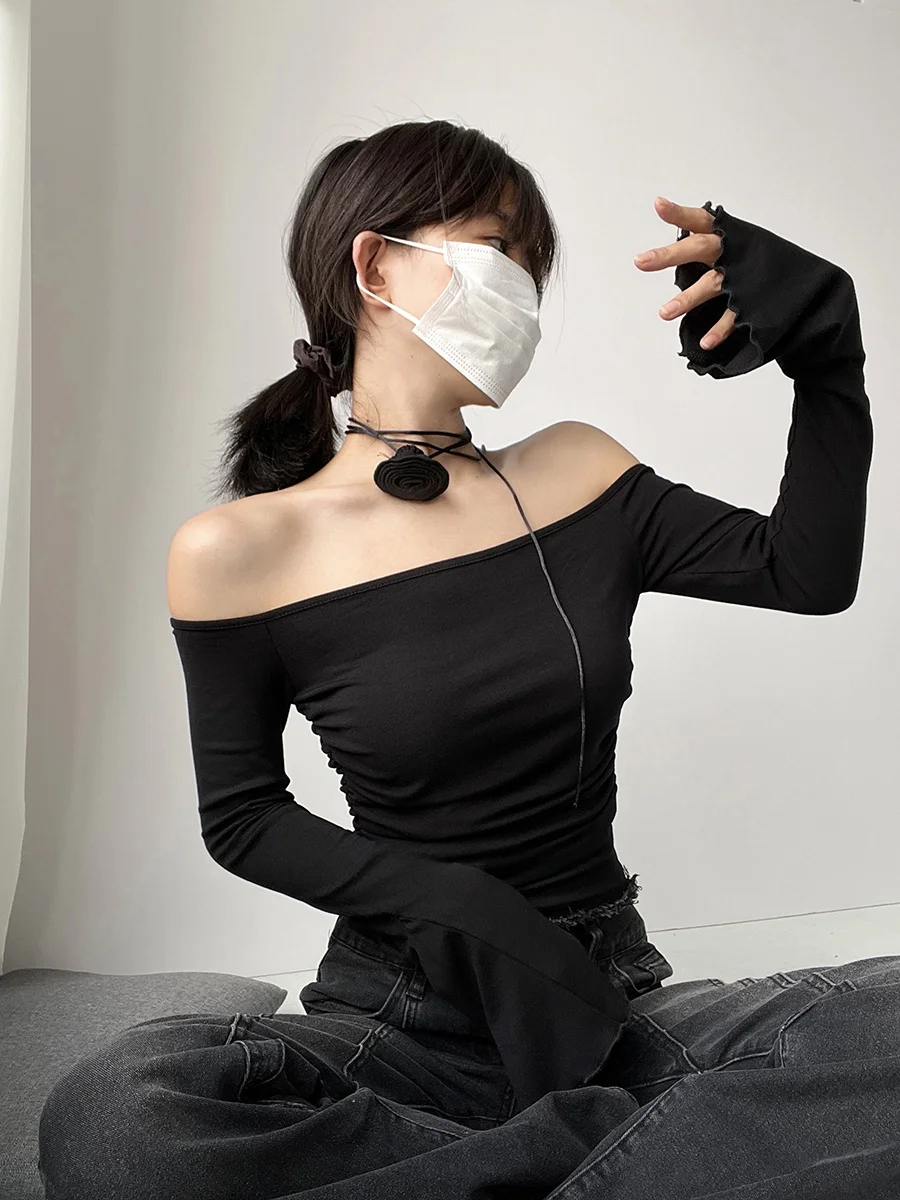 Sexy Shoulder Bared Bell Sleeve T Shirt Women's Elastic Slimming Short Style Floral Decoration Top Cotton Village Cute Style