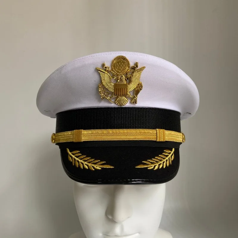 US Armed Dress Cap with Golden Eagle Badge White Captain Hat Uniforms Costume Party for Men Women