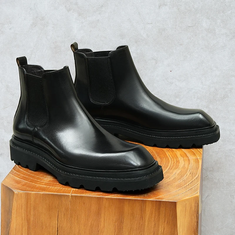 

Men’s Genuine Cow Leather Boots Banquet Business Suits Cowhide Black Luxury Shoes Man Winter