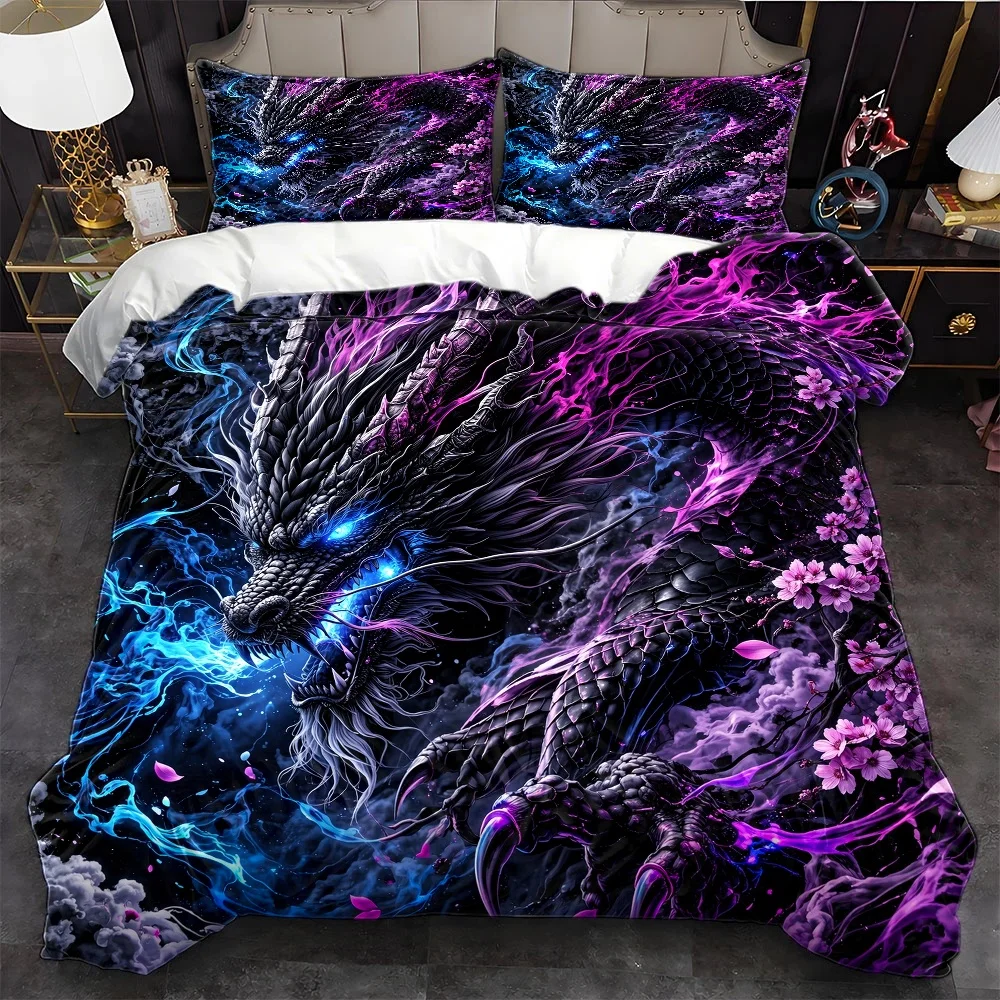 3Pc Dark Dragon Sakura Colorful Duvet Cover Set, Bedding Three-Piece Set (1*Duvet Cover + 2*Pillowcases), Suitable for All Seasons, Machine Washable, Hidden Zipper Design, Large Double Bed Cover Set, Suitable for Home, Dorm, Master Bedroom, Guest Room, Cool Dragon Print Bedding, Trendy Dark Style Bedding Set, Durable and Skin-Friendly Bedding Set, Hot-Selling Personalized Duvet Cover Set, Sakura Dragon Elements Bedding Set, High-Density Easy-Care Bedding, Wear-Resistant and Skin-Friendly Bedding Set, Hot-Selling Personalized Duvet Cover Set, Sakura Dragon Elements Bedding Set, High-Density Easy-Care Bedding