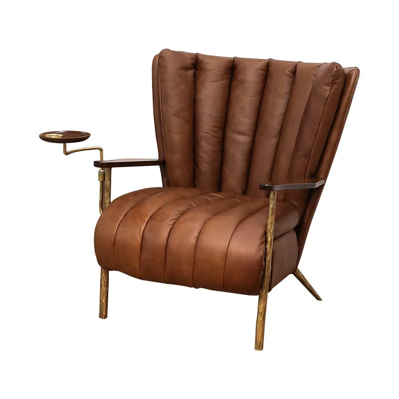 Medieval wabi sabi forged wrought iron leather single sofa chair retro oil wax leather casual cigar chair