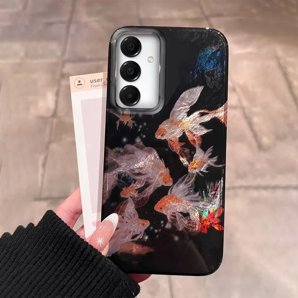 Koi Goldfish – coque de téléphone noire brillante, étui pour Samsung Galaxy A55 A56 A36 A26 A16 A53 A06 A14 A24 A34 A54 A15 A25 A35