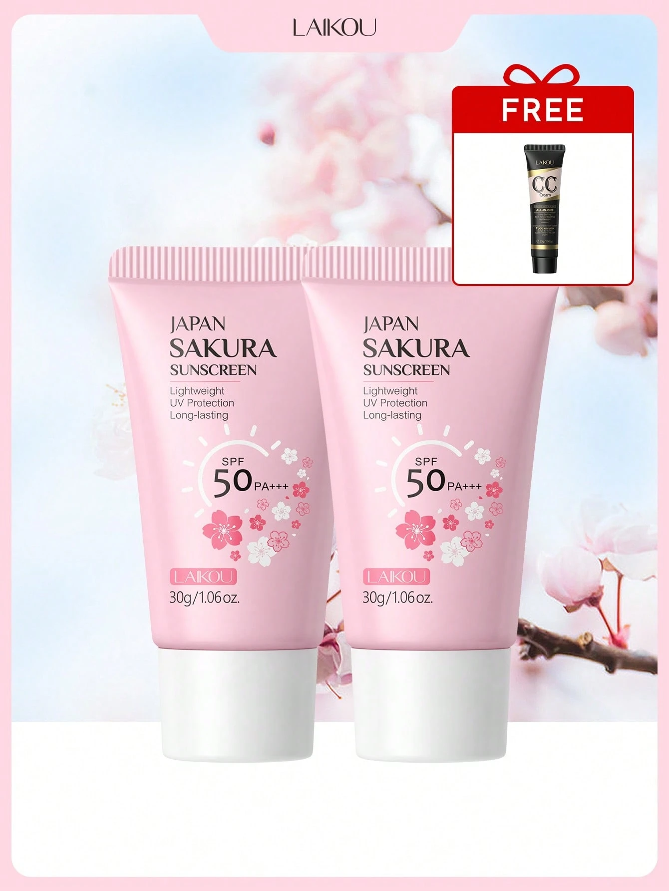 LAIKOU 2-in-1 Tägliches Sonnenschutz-Make-up-Set Sakura SPF50 Sonnenschutzcreme Natürlicher Ton CC-Creme Nicht-fettiges Gesichtspflegeset