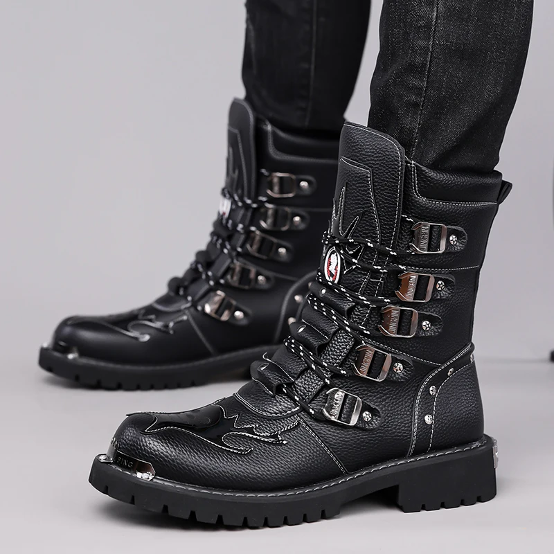 Cycling Boots Four Seasons Men's Outdoor Motorcycle Boots Plus Size High Top Casual Leather Boots Fashion British Anti Slip Boot