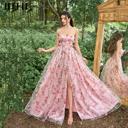 JEHETH Flowers Long Prom Party Dress Side Split Lace Evening Gowns Strapless Floral Print A-Line Floor Length vestidos de gala
