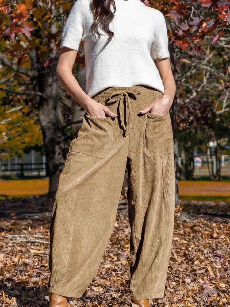 Autumn And Winter Corduroy Casual Slimming Harlan Pants Women's Commuting Mid-waist Wide-leg Solid Color Nine-point Short Pants
