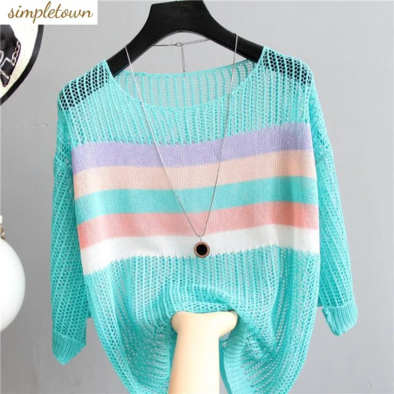 2024 Spring/Summer Korean Edition Hollow Out Colored Stripe Pullover Knitwear Long Sleeved Bottom Top Trendy