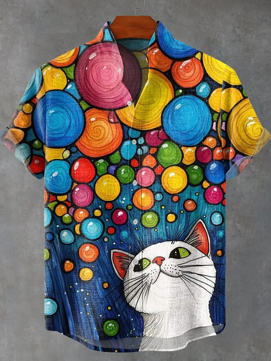 2025 Men's New Cat Linen Short Sleeve with Summer Comfortable Fabric Button Top Fantasy Cat Pattern Print - Image 4