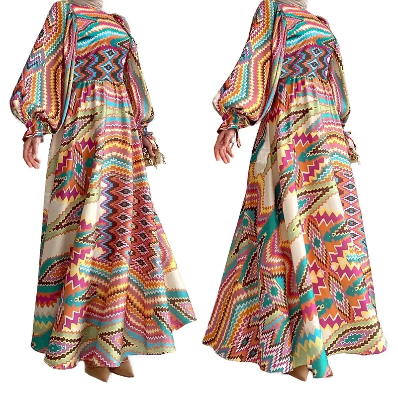 Long Abstract Printed Dress Abayas for Women High Waist for Party Long Sleeve Loose Robe O Neck Dubai Abayas Turkish Clothing