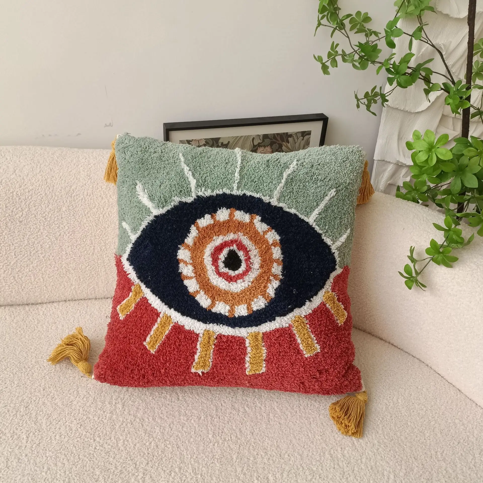 Diphylleia All Seeing Eye Tattoo Symbol Boho Cushion Cover Super Soft Tufted Decorative Square Accent Pillow Case With Tassels