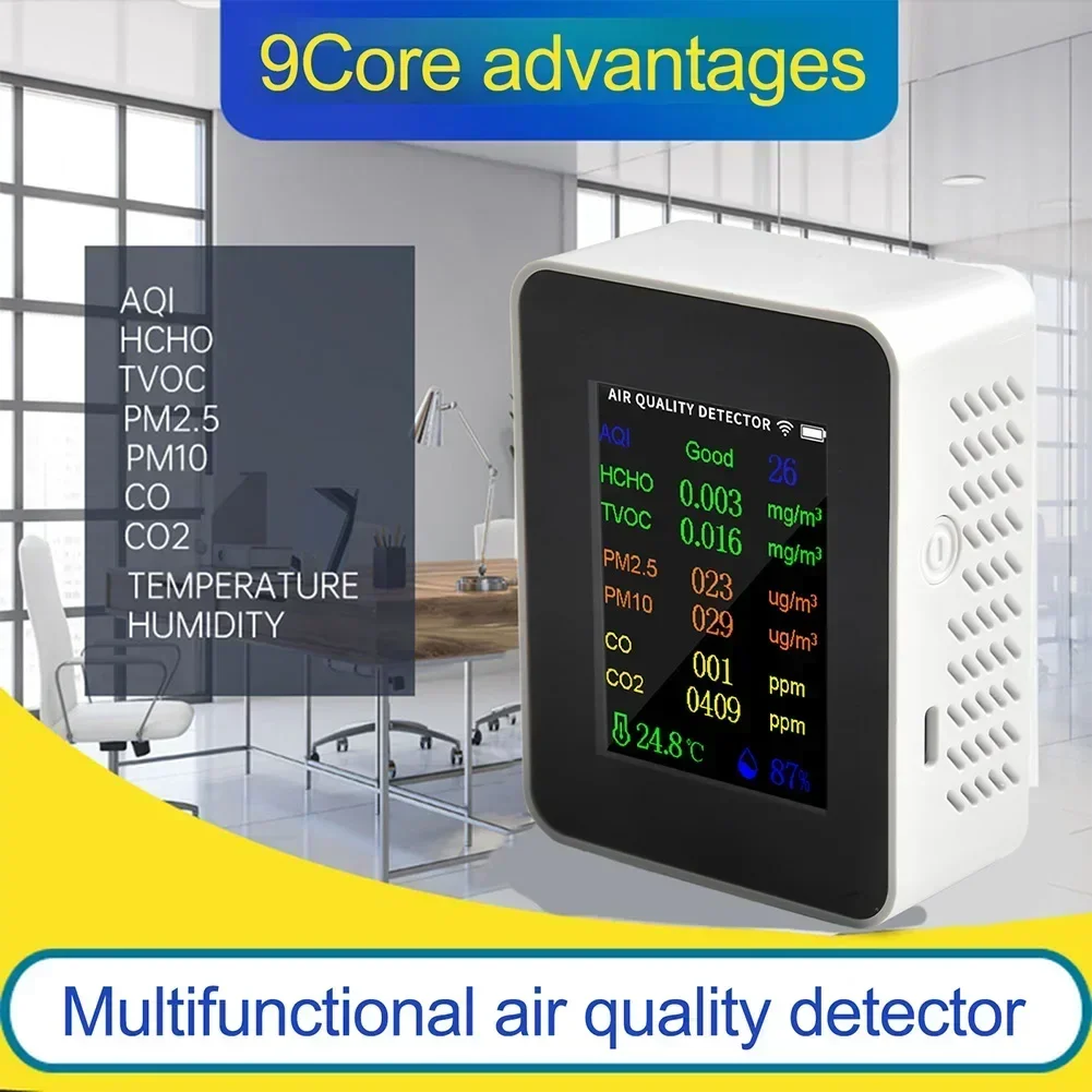 

WIFI Capable Multi Use Air Quality Monitor Providing Real Time Data on Key Indicators Like AQI and Humidity Levels