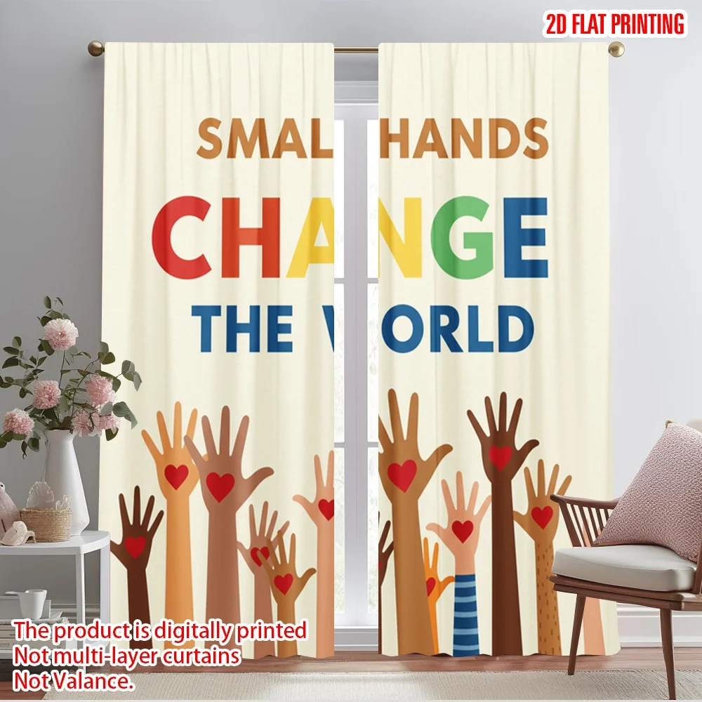 

2pcs 2D flat printing Party Curtains Hands Change World Love Polyester Without Electricity Holiday Decorations Use for Indoor
