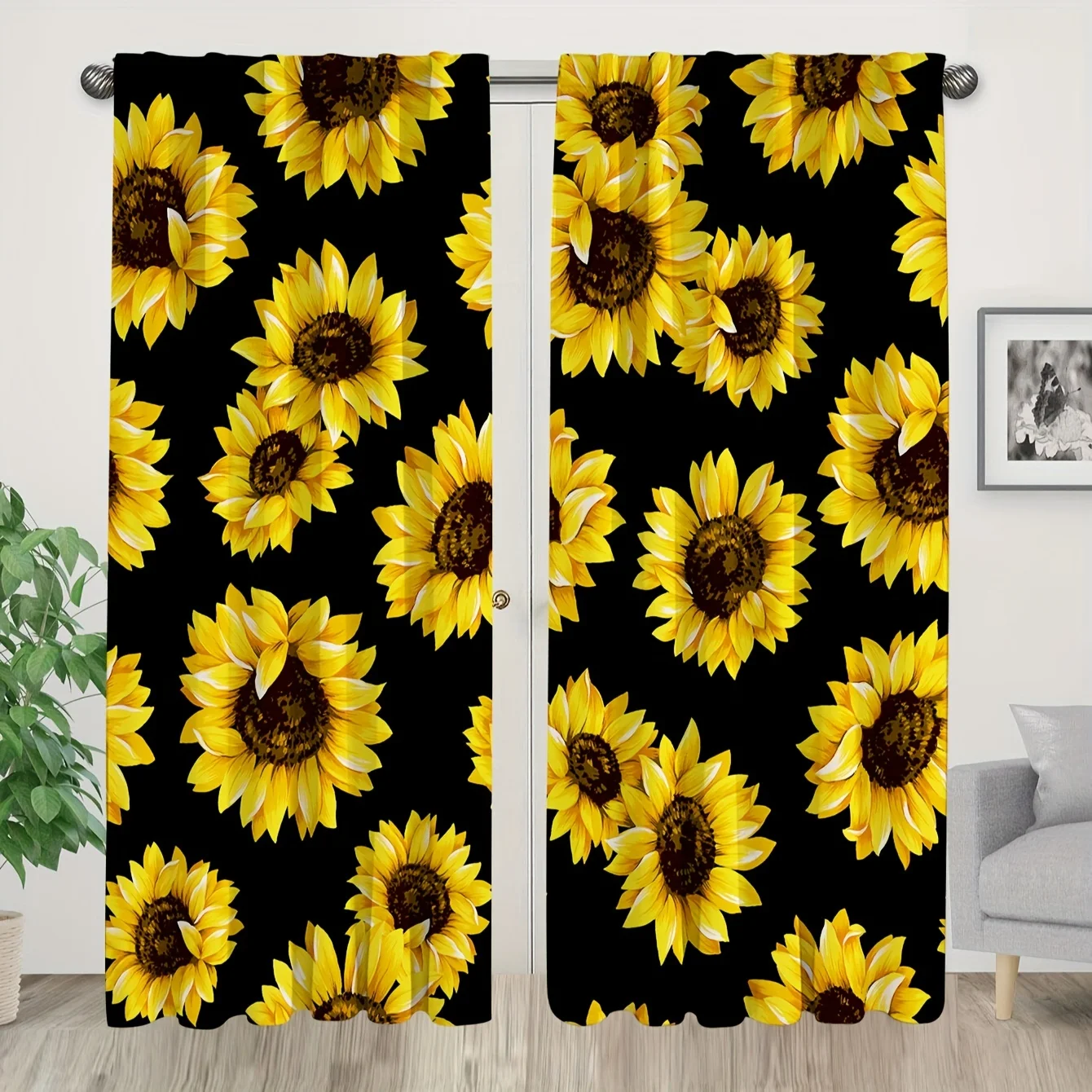 

2panels Black Sunflower Printed Curtain, Rod Pocket Curtain For Bedroom Office Kitchen Living Room Study Home Decor