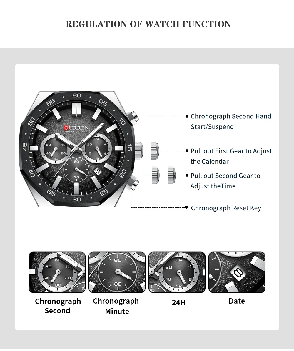 CURREN Herren Sport-Chronograph-Uhr mit Silikonarmband, Multifunktionszifferblatt mit Datum, Leuchtzeigern, Casual Quarz-Armbanduhr – Detail 5