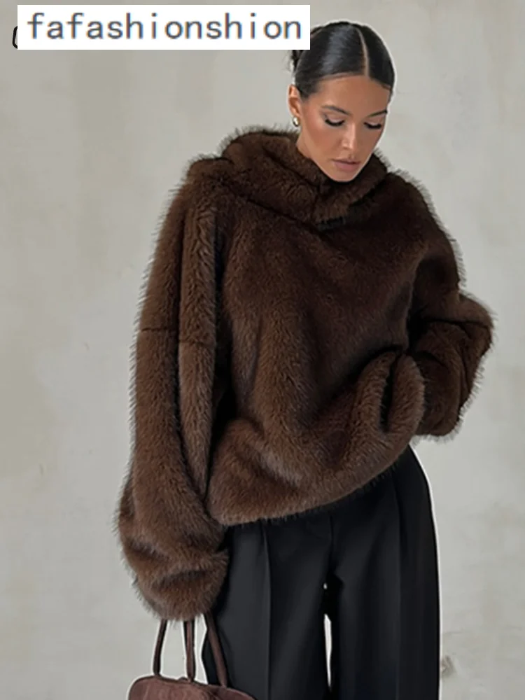 Street Women's Hooded Faux Fur Coats Loose Full Sleeve Female Warm Pullovers 2025 Autumn Winter Lady Streetwear