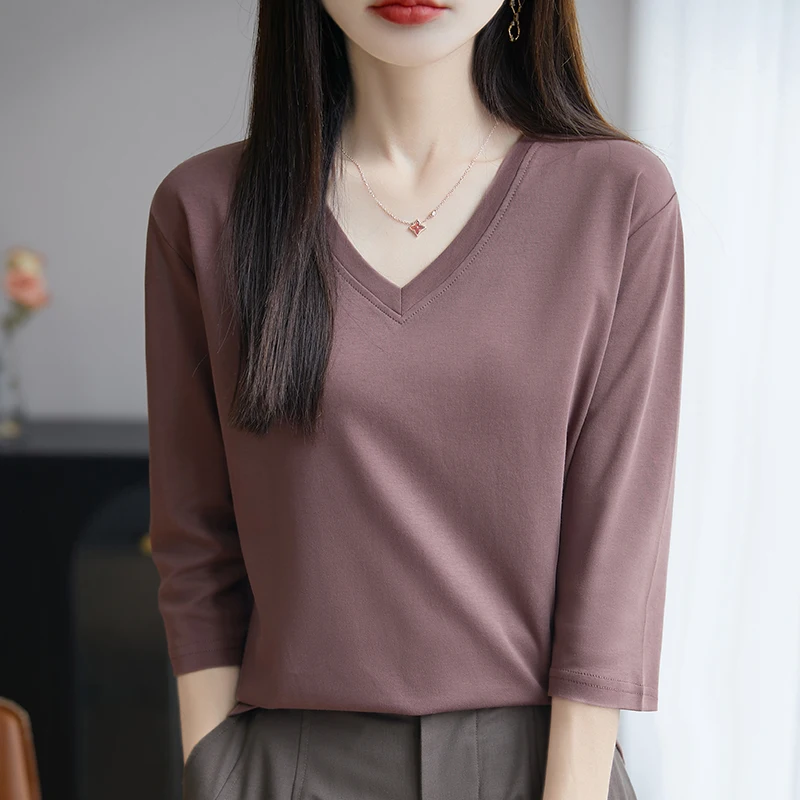 Spring And Summer New Cotton V-neck T-shirt Short-Sleeved Women's Half-Sleeve Bottoming Shirt High-End Cropped Sleeve Top