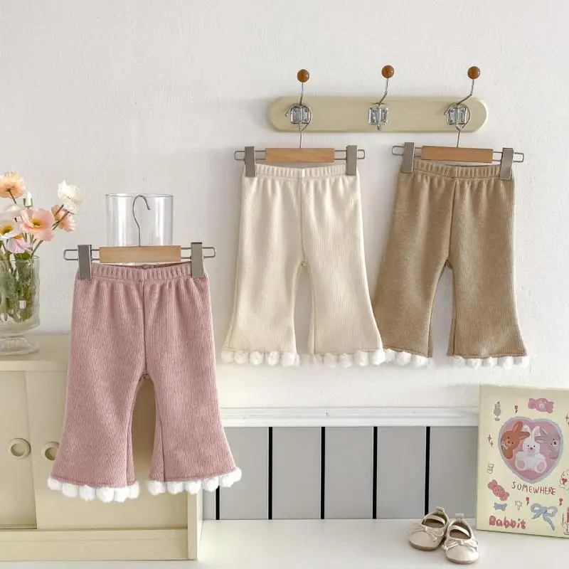 2024 Winter New Baby Girl Plus Velvet Thick Flared Pants Infant Warm Trousers Solid Girls Fleece Casual Pants Children Clothes