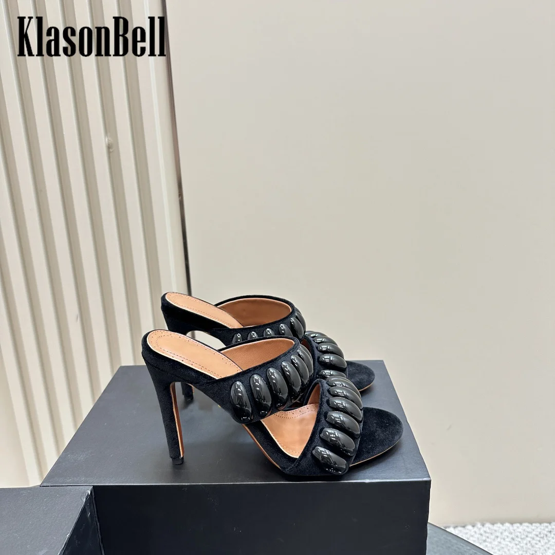 7.3 KlasonBell Female 2024 New Velvet Metal Decoration Women Slippers T-Strap Thin High Heel Sheepskin Sandals