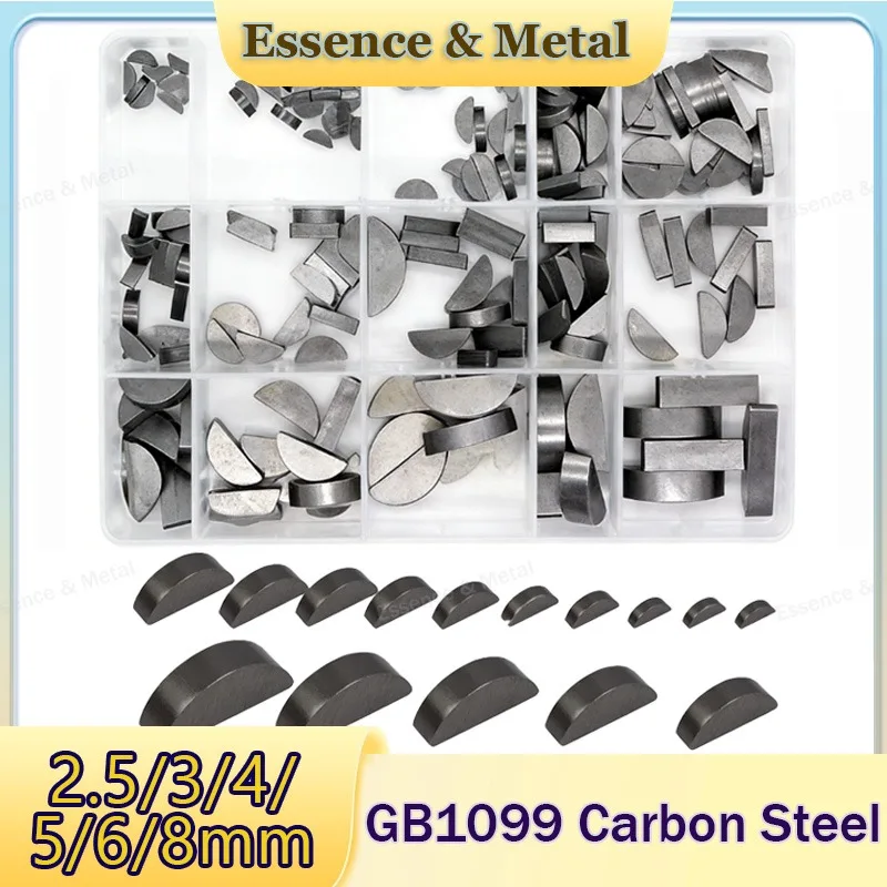 200pcs Half Round Key/Moon Pin Set 2.5/3/4/5/6/8mm Carbon Steel Woodruff Key Suitable for Mechanical Crankshaft Shaft Crank Key
