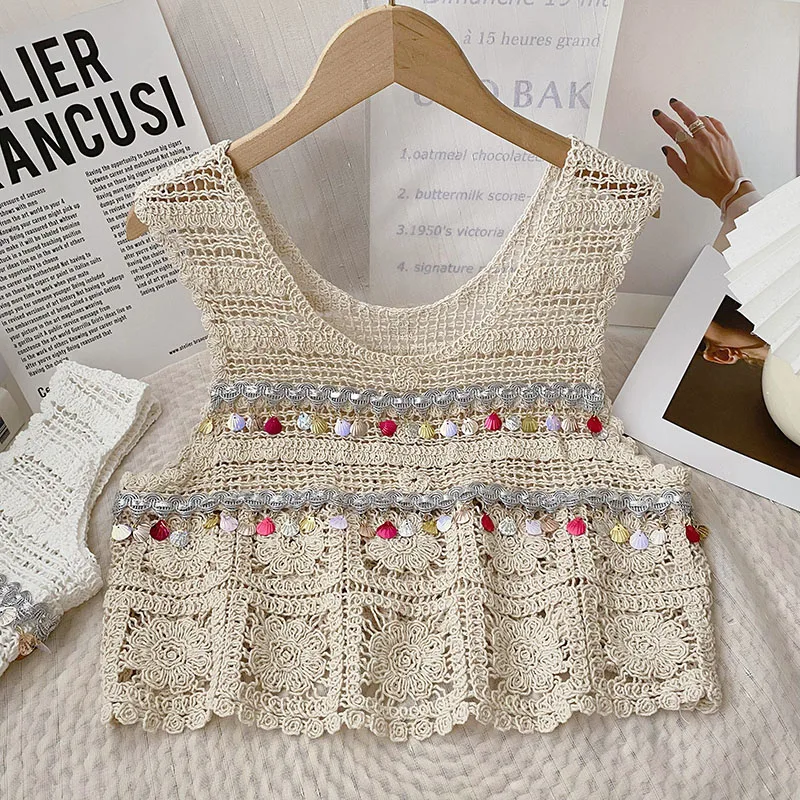 Boring Honey Round Collar Sleeveless Summer Clothes For Women Hollow Out Pearl Tassel Tank Top Retro Fashion Short Crop Tops