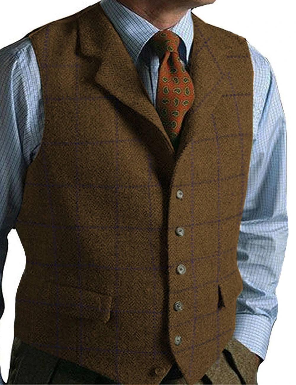 Plaid Men's Leisure Suit Vest Woolen Slim Fit Business Waistcoat Steampunk Vests Fake Two Piece Vest Groomsmen For Wedding