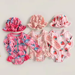 BeQeuewll Bañador con estampado de fresa para niña, traje de baño de manga larga, sombrero para el sol, Verano