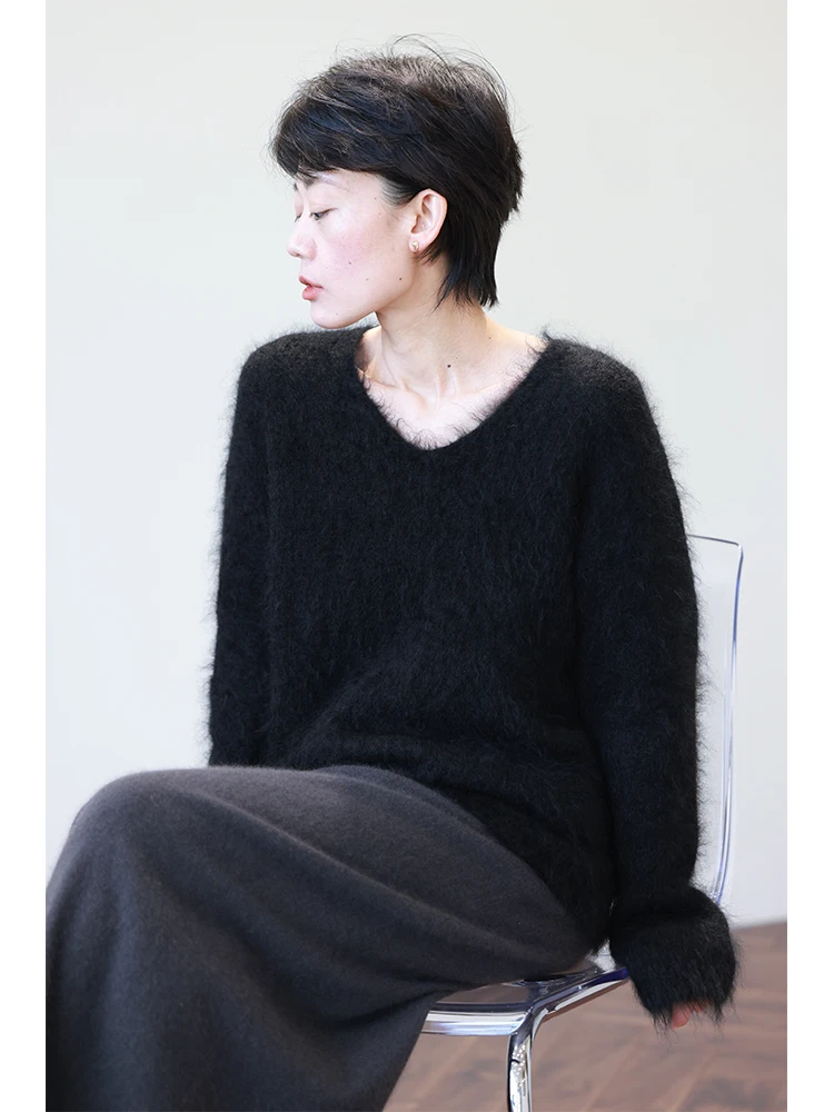 

Мягкий пушистый свитер из верблюжьей шерсти с V-образным вырезом, облегающий, черный, женский, длинный, вязаный, для повседневной носки, свободного кроя