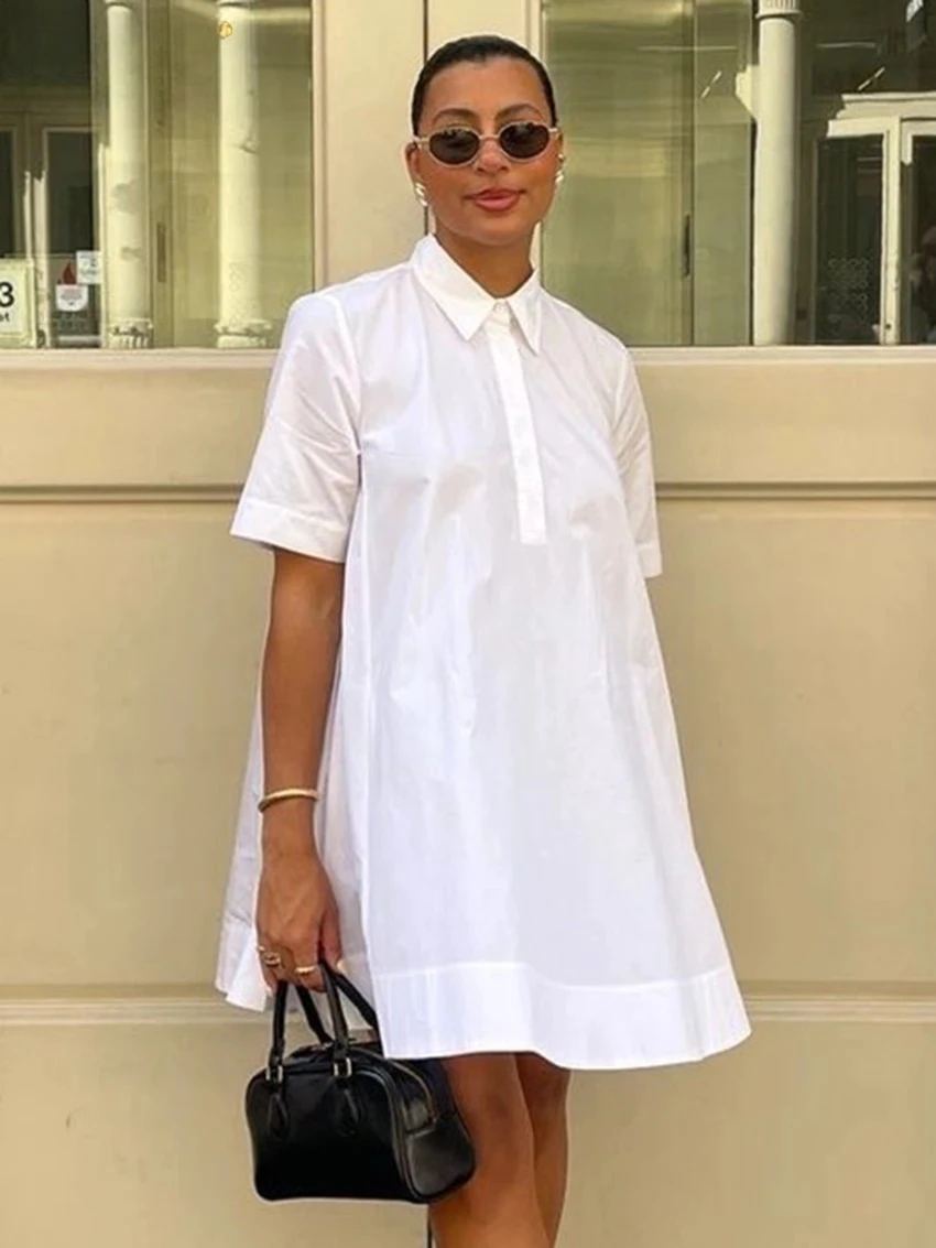 Abito estivo da donna in cotone bianco allentato Mini abiti casual a maniche corte con risvolto Elegante abito femminile classico solido