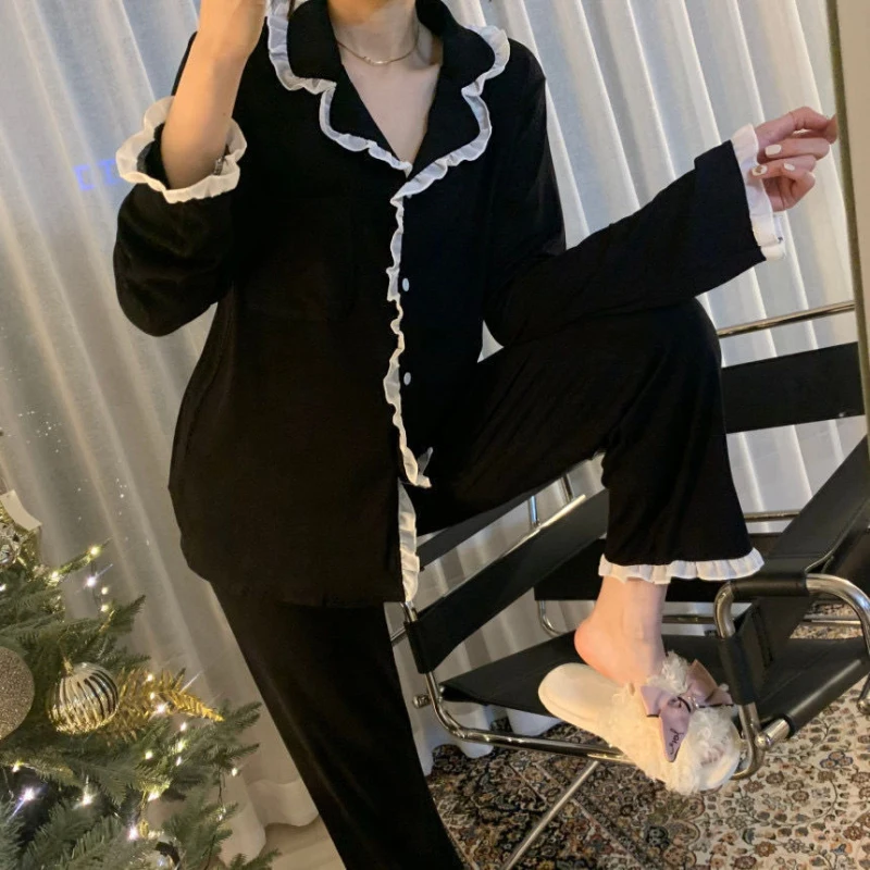 Autumn Winter Women\'s Pijama Set Long-sleeved Trousers Lace Pajamas Set Home Wear Clothes Black Leisure Women Sleepshirt Sisters