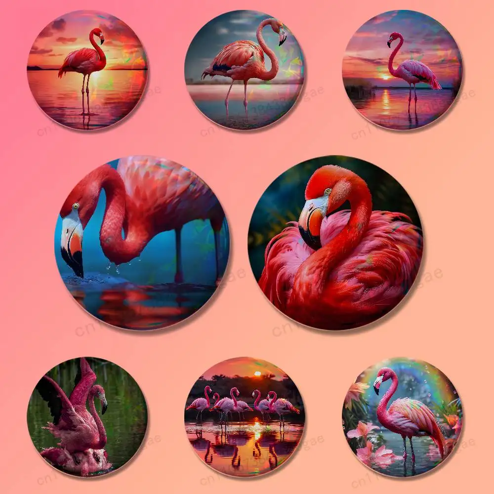 

Cute Art Flamingo Badges 25 32 44 58 75 mm Round Cosplay Pin Bag Decor Fans Collect Friends Gifts Brooch Souvenir