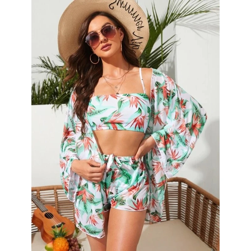 Women 3Pcs Tropical Leaf Bikini Set Strapless Crop Top Drawstring Swim Shorts Long Sleeve Sheer Kimono Cover Up Brazil Beachwear