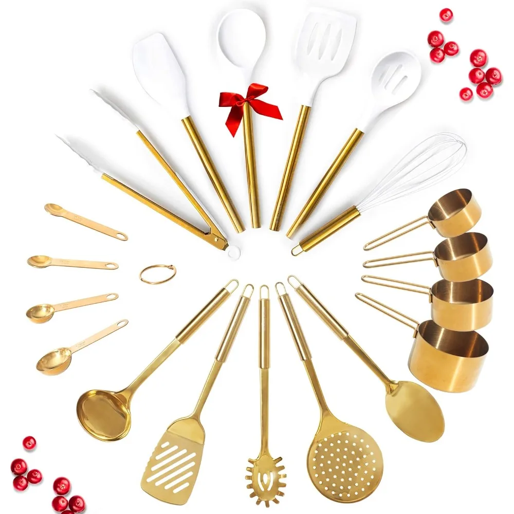 

Gold Kitchen Utensils Set - 19 PC Luxury Set Includes Stainless Steel Gold Cooking Utensils Set, White Silicone Cooking Utensils